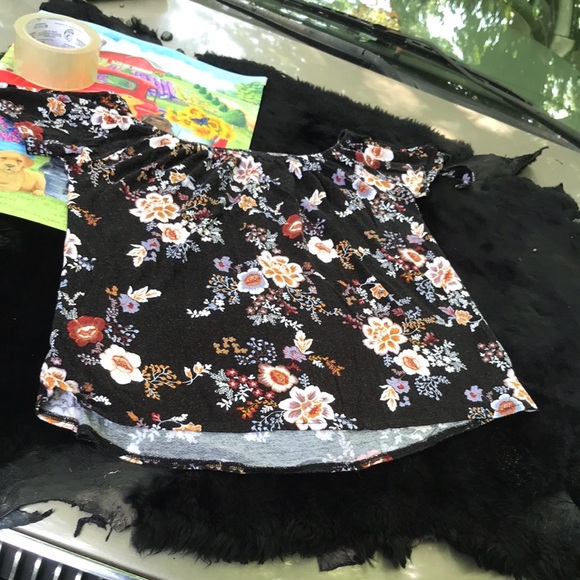 Pink Rose Black Floral Blouse Elastic Neckline Keyhole Tie Sleeves Rounded Hem M - Picture 11 of 13